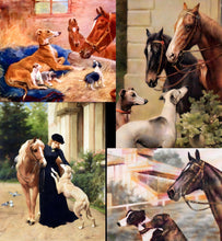 Load image into Gallery viewer, Horses &amp; Greyhound Dogs Art Notecards Set of 4 w/envelopes
