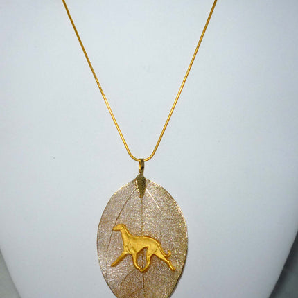 Gold Leaf Pendant with Gold Trotting Greyhound, Gold Snake Chain Necklace