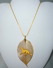 Load image into Gallery viewer, Gold Leaf Pendant with Gold Trotting Greyhound, Gold Snake Chain Necklace
