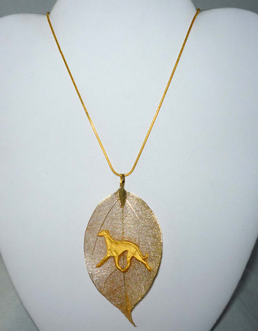 Gold Leaf Pendant with Gold Trotting Greyhound, Gold Snake Chain Necklace