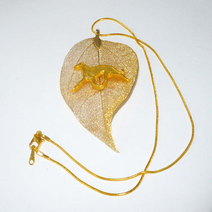 Gold Leaf Pendant with Gold Trotting Greyhound, Gold Snake Chain Necklace