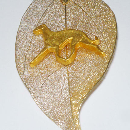 Gold Leaf Pendant with Gold Trotting Greyhound, Gold Snake Chain Necklace