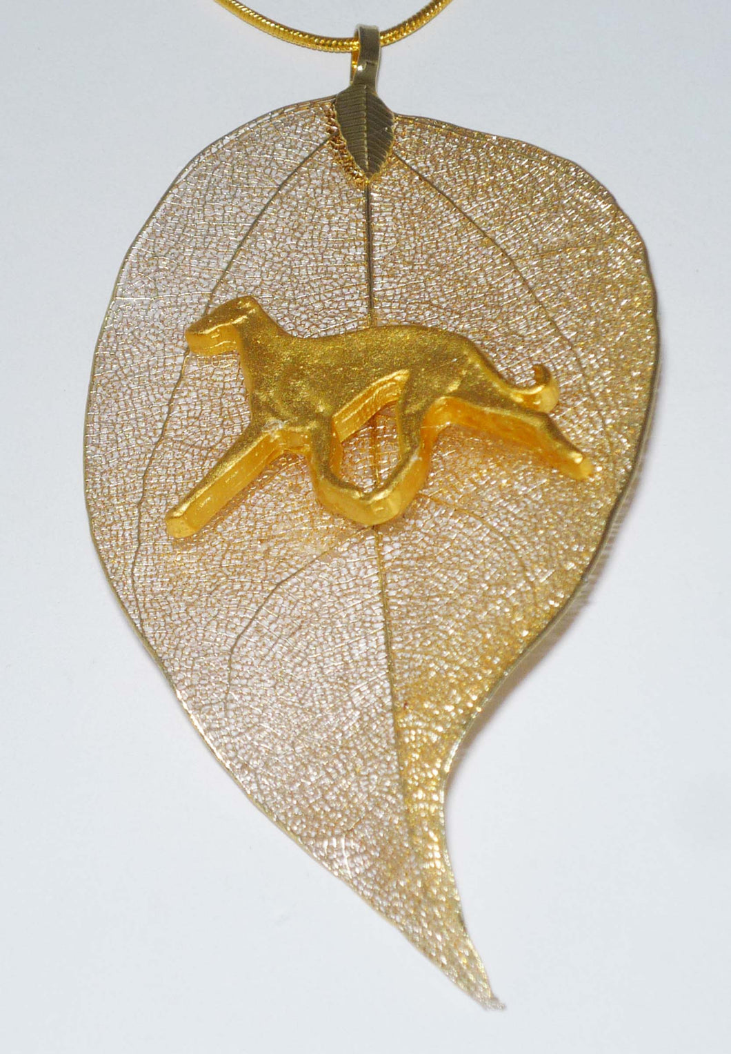 Gold Leaf Pendant with Gold Trotting Greyhound, Gold Snake Chain Necklace