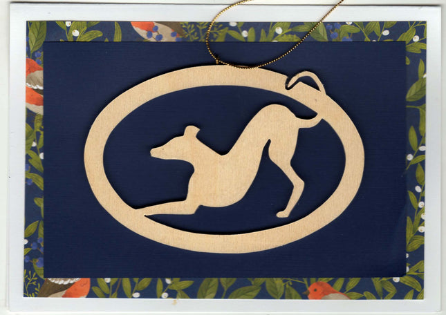 Greyhound Christmas Card with Removable Keepsake Ornament "Playbow"