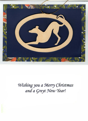 Greyhound Christmas Card with Removable Keepsake Ornament "Playbow"