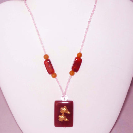 Twin Greyhound Dog Profile Beaded Necklace, Red Agate