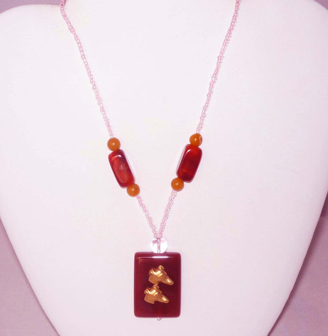 Twin Greyhound Dog Profile Beaded Necklace, Red Agate