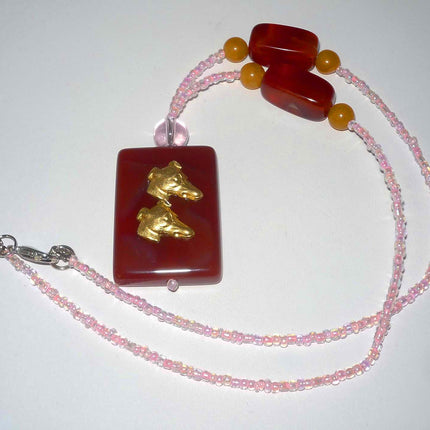 Twin Greyhound Dog Profile Beaded Necklace, Red Agate