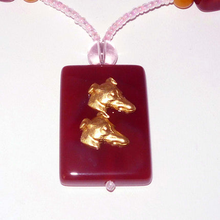 Twin Greyhound Dog Profile Beaded Necklace, Red Agate