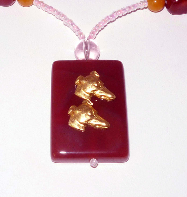 Twin Greyhound Dog Profile Beaded Necklace, Red Agate