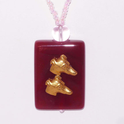 Twin Greyhound Dog Profile Beaded Necklace, Red Agate