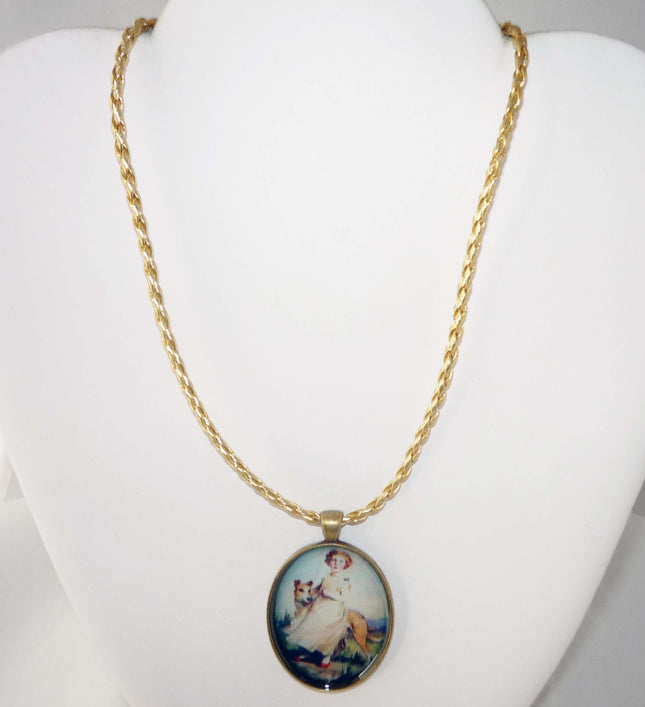Altered Art Greyhound Dog and Girl with Red Shoes Pendant Necklace