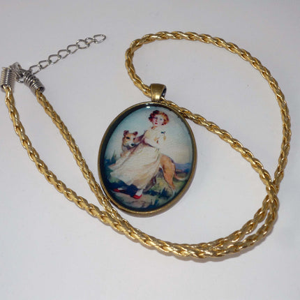 Altered Art Greyhound Dog and Girl with Red Shoes Pendant Necklace