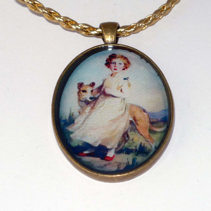 Altered Art Greyhound Dog and Girl with Red Shoes Pendant Necklace