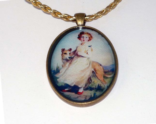 Altered Art Greyhound Dog and Girl with Red Shoes Pendant Necklace