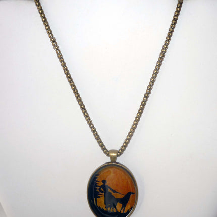Altered Art Deco Lady and Sighthound Pendant Necklace