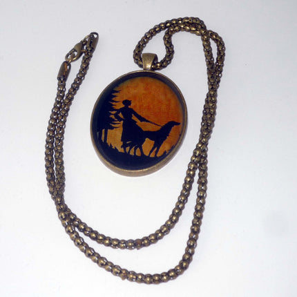 Altered Art Deco Lady and Sighthound Pendant Necklace