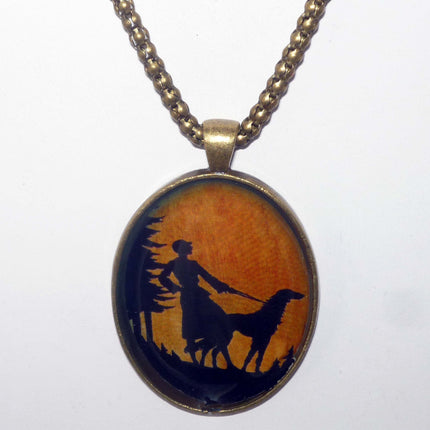 Altered Art Deco Lady and Sighthound Pendant Necklace