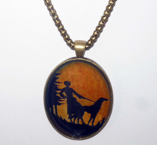 Altered Art Deco Lady and Sighthound Pendant Necklace