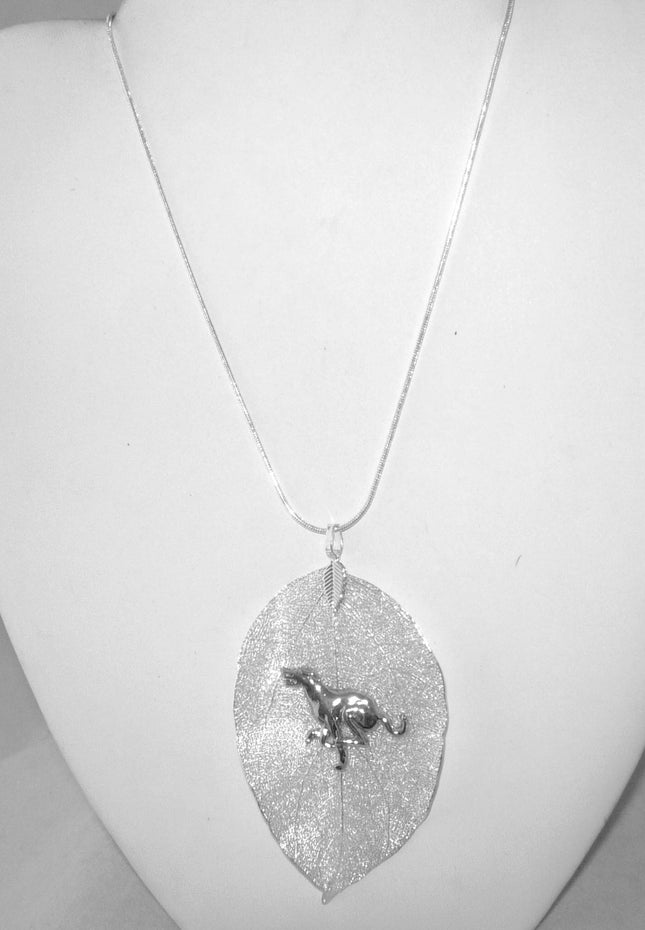 Silver Leaf Pendant with SP Greyhound, Snake Chain Necklace