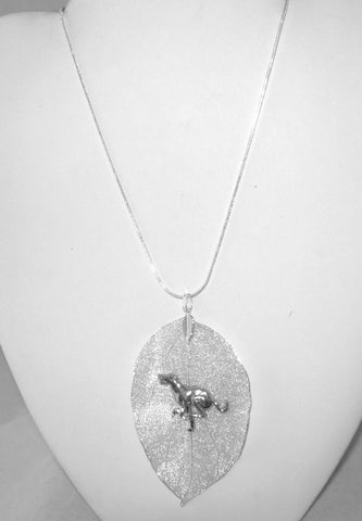 Silver Leaf Pendant with SP Greyhound, Snake Chain Necklace