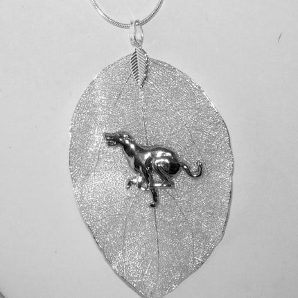 Silver Leaf Pendant with SP Greyhound, Snake Chain Necklace