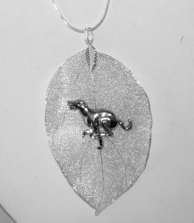 Silver Leaf Pendant with SP Greyhound, Snake Chain Necklace