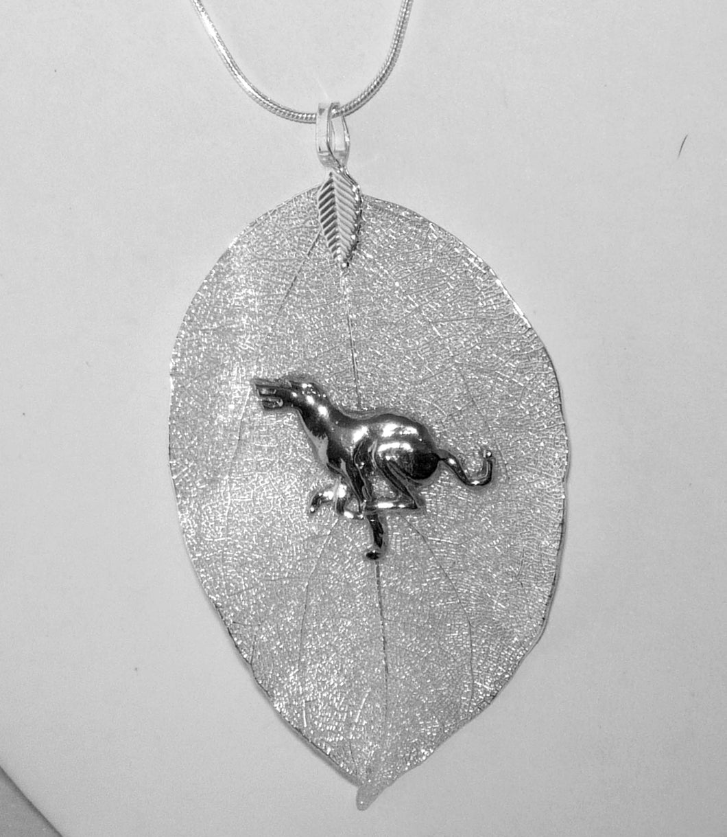 Silver Leaf Pendant with SP Greyhound, Snake Chain Necklace