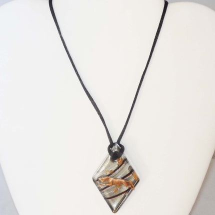 Black Silver Copper Artglass Pendant Necklace w Copper Greyhound or Whippet Dog