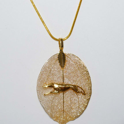 Gold Leaf Pendant with Stretch Running Greyhound, Gold Snake Chain Necklace