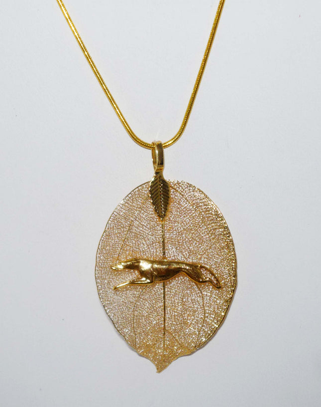 Gold Leaf Pendant with Stretch Running Greyhound, Gold Snake Chain Necklace