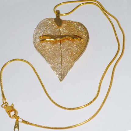Gold Leaf Pendant with Stretch Running Greyhound, Gold Snake Chain Necklace