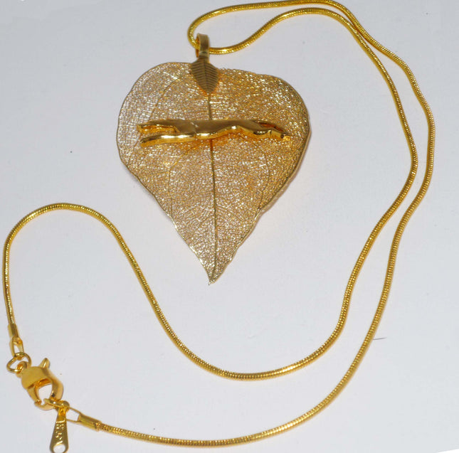 Gold Leaf Pendant with Stretch Running Greyhound, Gold Snake Chain Necklace