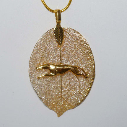 Gold Leaf Pendant with Stretch Running Greyhound, Gold Snake Chain Necklace