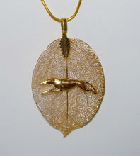 Load image into Gallery viewer, Gold Leaf Pendant with Stretch Running Greyhound, Gold Snake Chain Necklace

