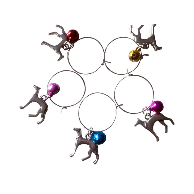 Greyhound or Whippet Wine Glass Charms with Bells - Set of 5 - Handmade