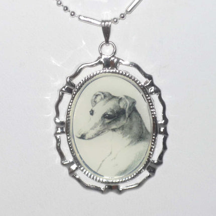 Altered Vintage Art Portrait Greyhound or Whippet Dog Pendant Necklace Silvrtone
