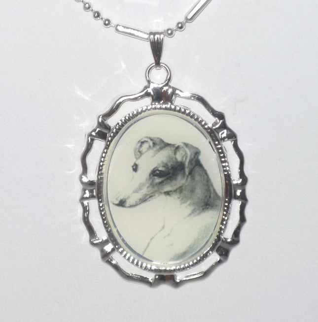 Altered Vintage Art Portrait Greyhound or Whippet Dog Pendant Necklace Silvrtone