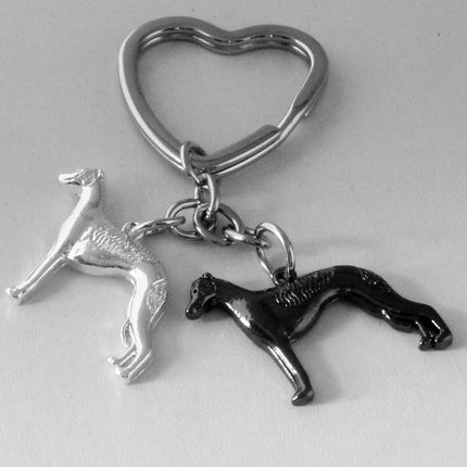 Heart Keyring with Pair of Standing Greyhounds or Whippets,  Choose Color