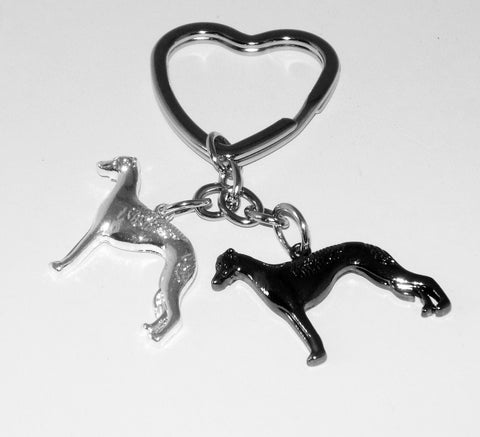 Heart Keyring with Pair of Standing Greyhounds or Whippets,  Choose Color