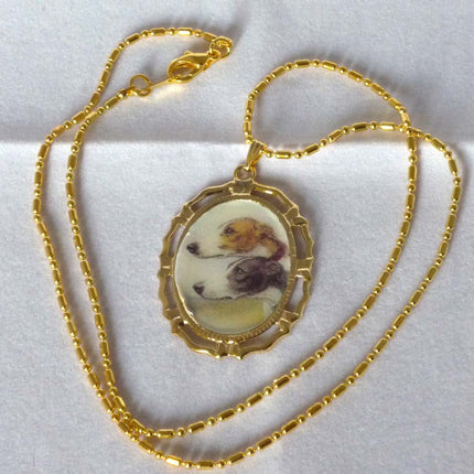 Altered Art 2 Greyhound Dogs Pendant Necklace BWFW, Choose Gold or Silver Setting