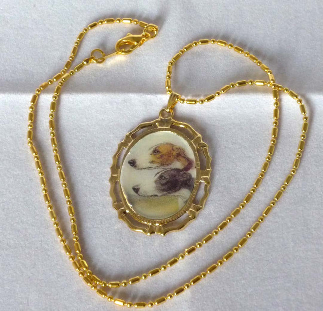 Altered Art 2 Greyhound Dogs Pendant Necklace BWFW, Choose Gold or Silver Setting