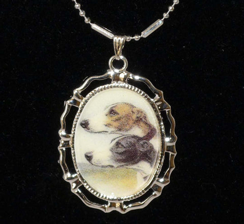 Altered Art 2 Greyhound Dogs Pendant Necklace BWFW, Choose Gold or Silver Setting