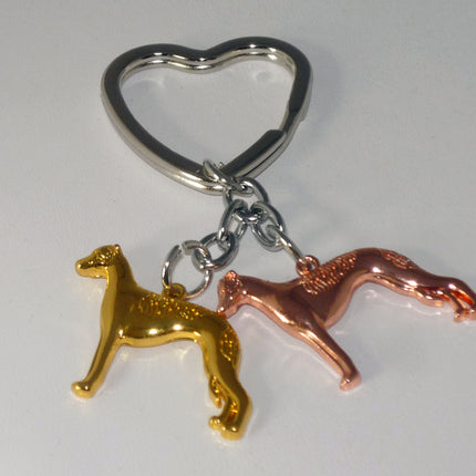 Heart Keyring with Pair of Standing Greyhounds or Whippets,  Choose Color