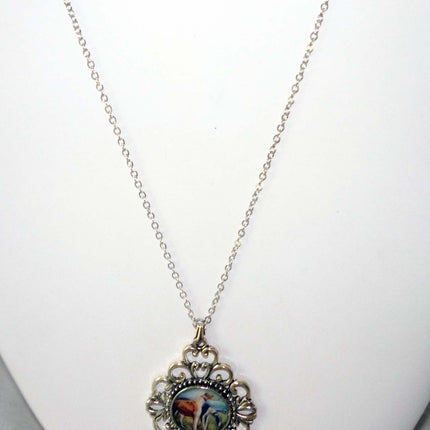 Altered Art Two Greyhound Dogs in a Field Pend Necklace Silver Plated Filigree Setting