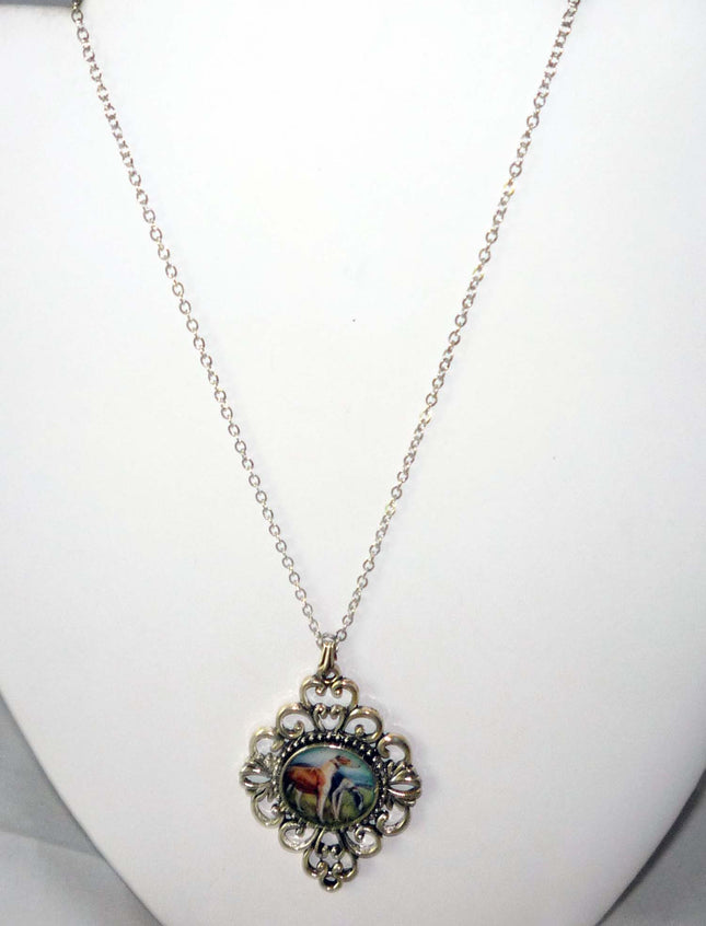 Altered Art Two Greyhound Dogs in a Field Pend Necklace Silver Plated Filigree Setting