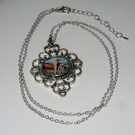 Altered Art Two Greyhound Dogs in a Field Pend Necklace Silver Plated Filigree Setting