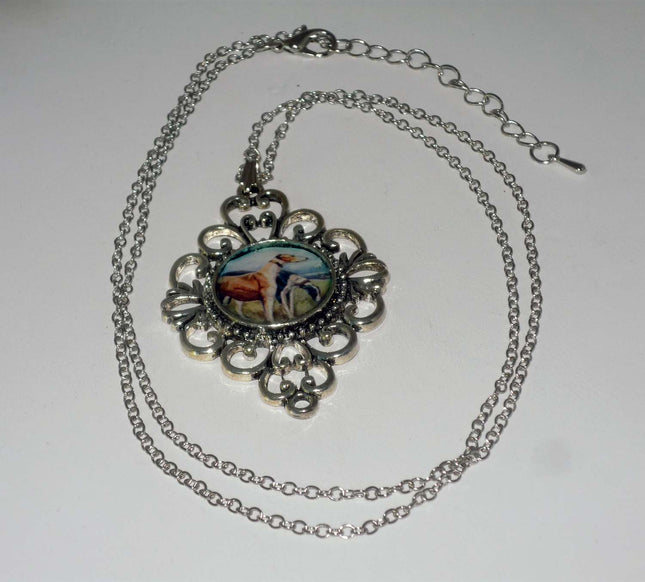 Altered Art Two Greyhound Dogs in a Field Pend Necklace Silver Plated Filigree Setting