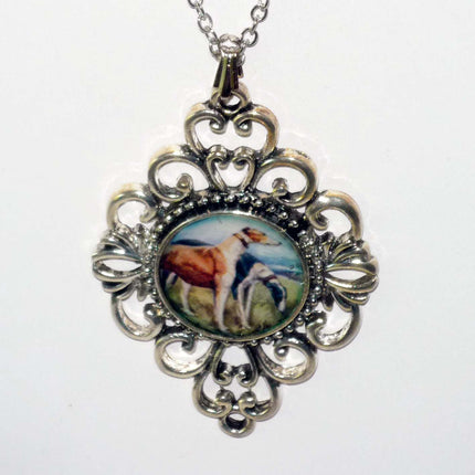 Altered Art Two Greyhound Dogs in a Field Pend Necklace Silver Plated Filigree Setting