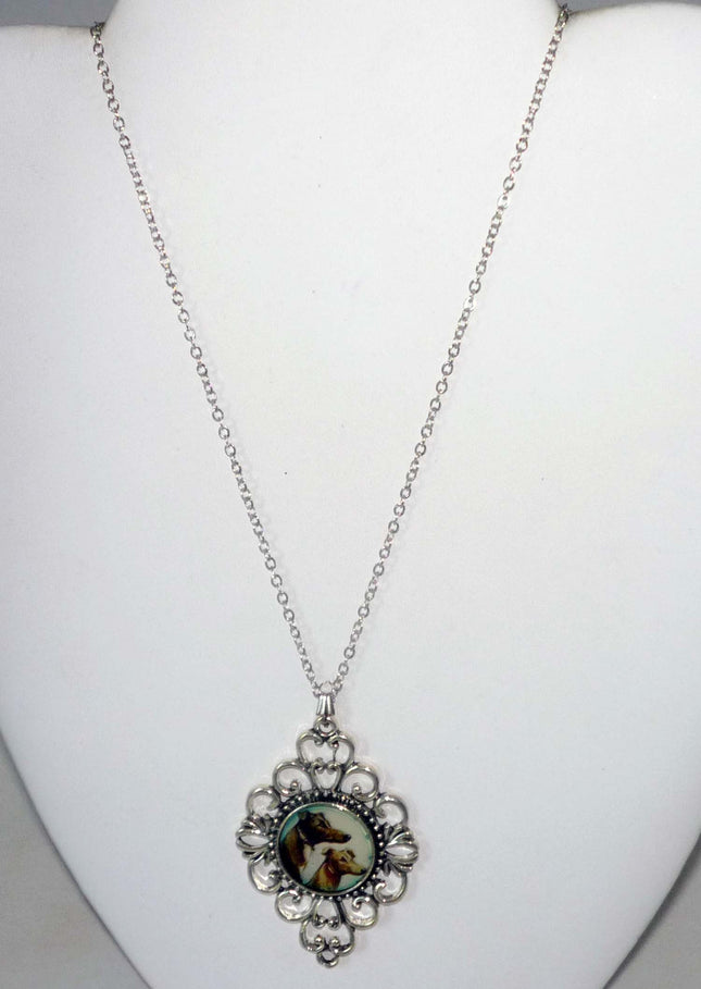 Altered Art Two Greyhounds in Profile Pend Necklace Silver Plated Filigree Setting